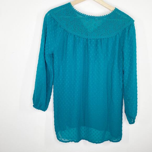 Matilda Jane Women Blue Embroidered Swiss Dot V-Neck Blouse Size XS Modest - Picture 2 of 6